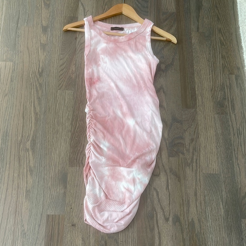 Pink and white tie dye ruched dress. Brand Saints.